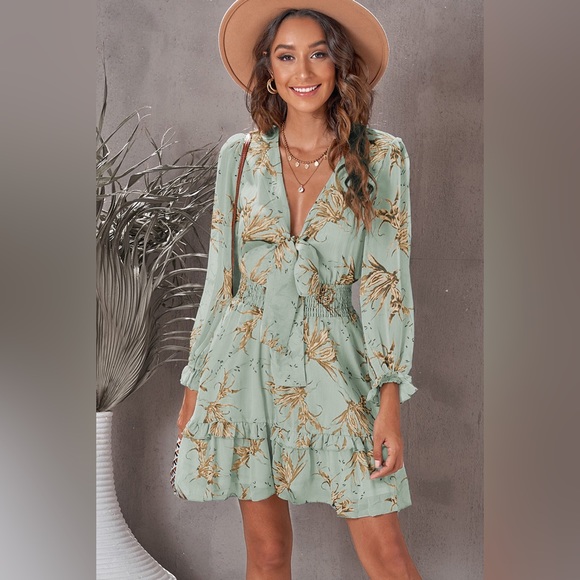 Floral Deep V Flounce Sleeve Mini Dress - Picture 9 of 11